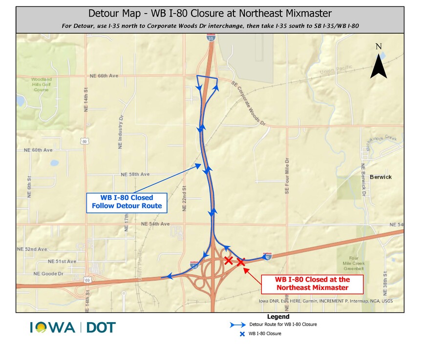 Nighttime road closure of westbound I-80 in Polk County